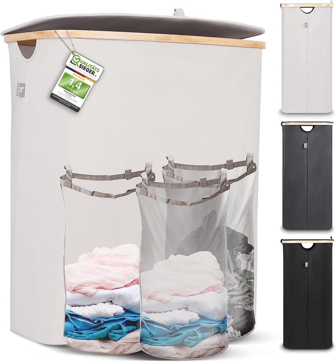 Wasmand - Bamboe - 150 liter - 3 uitneembare zakken - Voor gezinnen