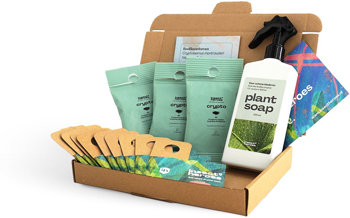 Wolluis Bestrijden - voor 3 Planten of 3 m² - Bescherm Kamerplanten, Moestuin & Kas - 100% gifvrij - 90 Crypto Larven, 9 Uitzetdoosjes en 250ml Plant Soap - Biologische Bestrijding van Wolluis - Optimized Pakket tegen Wolluis