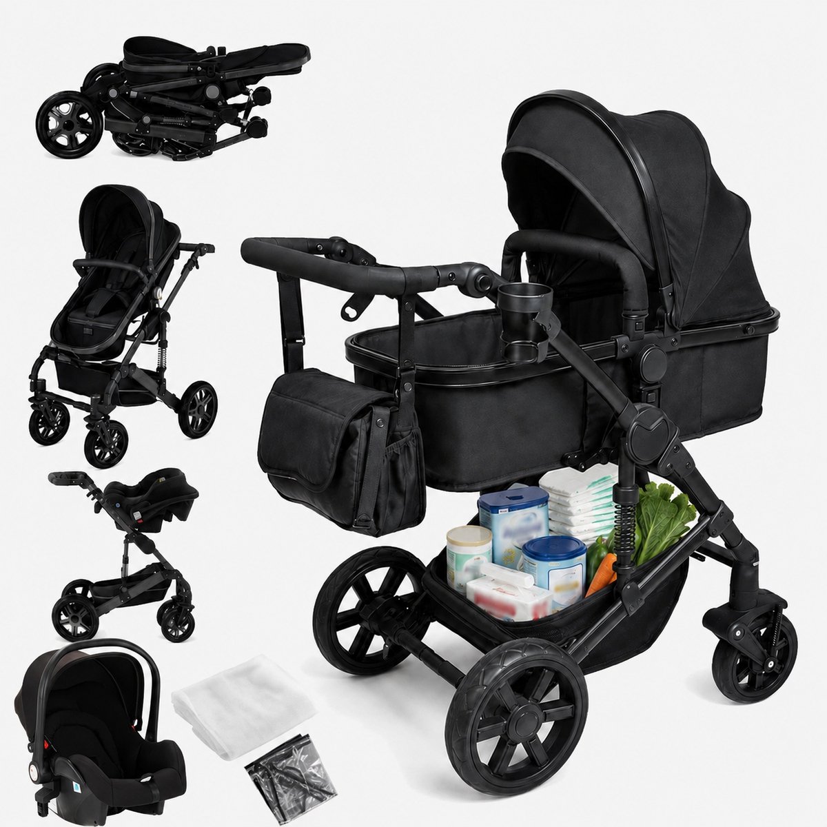 3-in-1 kinderwagen reissysteem – Kinderwagen en buggy met autostoeltje – Lichtgewicht, opvouwbaar en compact – Schokdempende wielen – Omkeerbare zitting – Verstelbare rugleuning en duwstang – UV-bescherming – Ruime opbergmand - Zwart