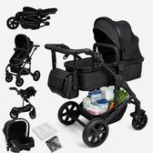 3-in-1 kinderwagen reissysteem – Kinderwagen en buggy met autostoeltje – Lichtgewicht, opvouwbaar en compact – Schokdempende wielen – Omkeerbare zitting – Verstelbare rugleuning en duwstang – UV-bescherming – Ruime opbergmand - Zwart