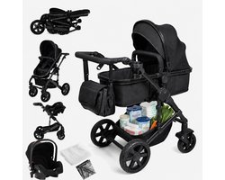 3-in-1 kinderwagen reissysteem – Kinderwagen en buggy met autostoeltje – Lichtgewicht, opvouwbaar en compact – Schokdempende wielen – Omkeerbare zitting – Verstelbare rugleuning en duwstang – UV-bescherming – Ruime opbergmand - Zwart