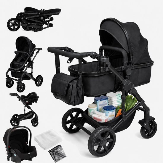 Zwarte kinderwagen volgeladen met babybenodigdheden en accessoires, met inzetstukken van opgevouwen kinderwagen, babyzitje en autostoeltje.