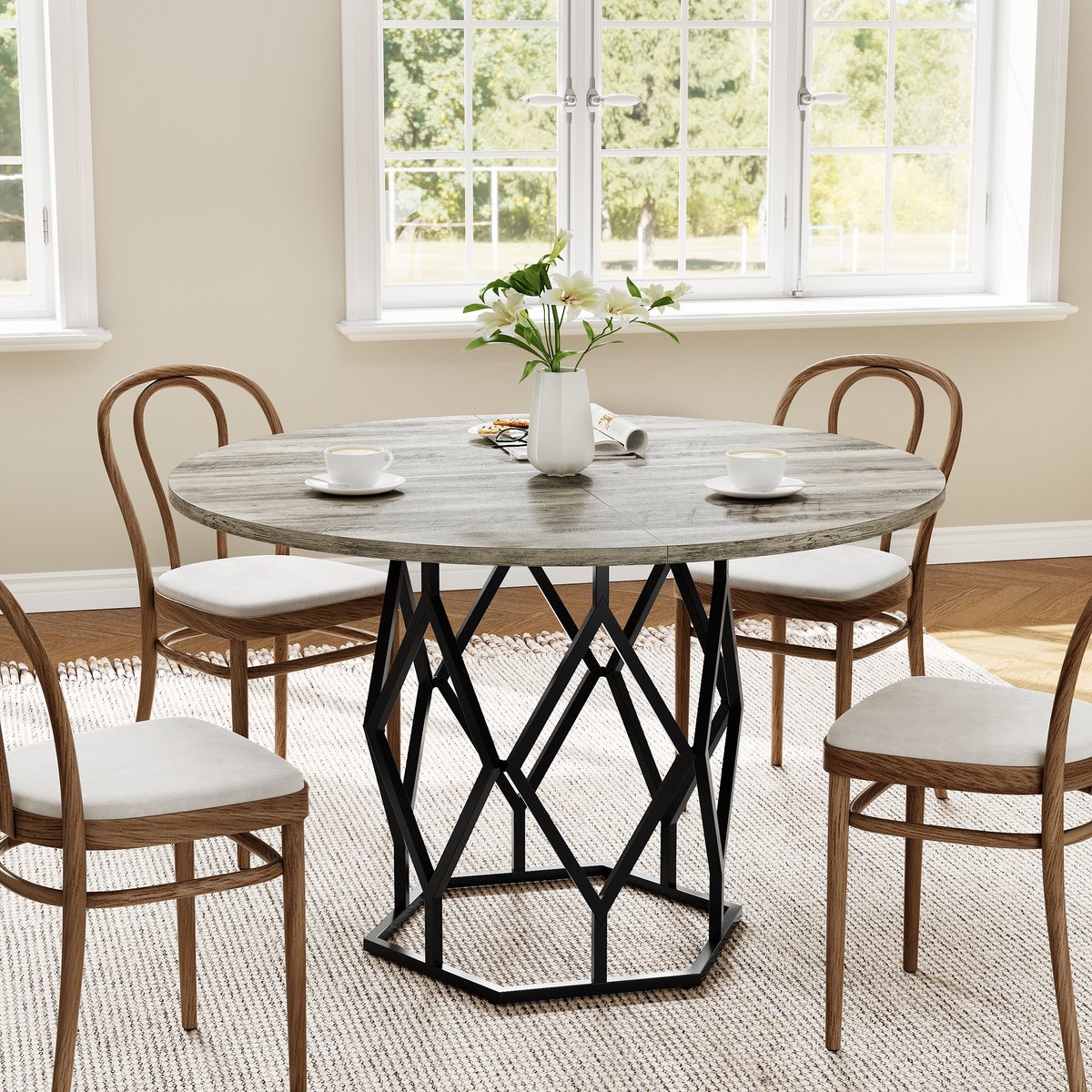 Ronde Eettafel met Ruitvormig Frame - 120x120x76cm - Rustiek Tafelblad - Stevige Metalen Onderstel - Industrieel - Voor 4-6 Personen - Eetkamer en Woonkamer - Zonder Stoelen - Grijs