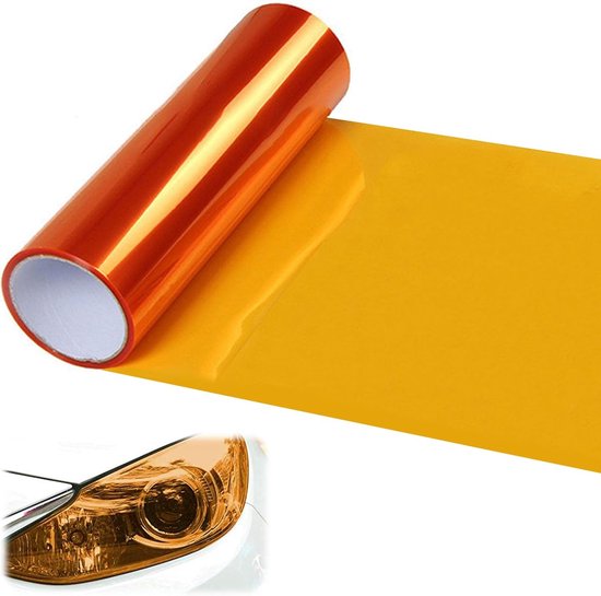 Oranje koplampfolie rol met voorbeeld van aangebrachte folie op koplamp.