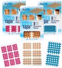 Verpakkingen AcuTop Gittertape en losse vellen met beige, roze en blauwe rasterpleisters.