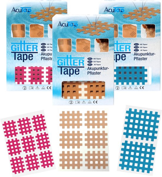 Verpakkingen AcuTop Gittertape en losse vellen met beige, roze en blauwe rasterpleisters.