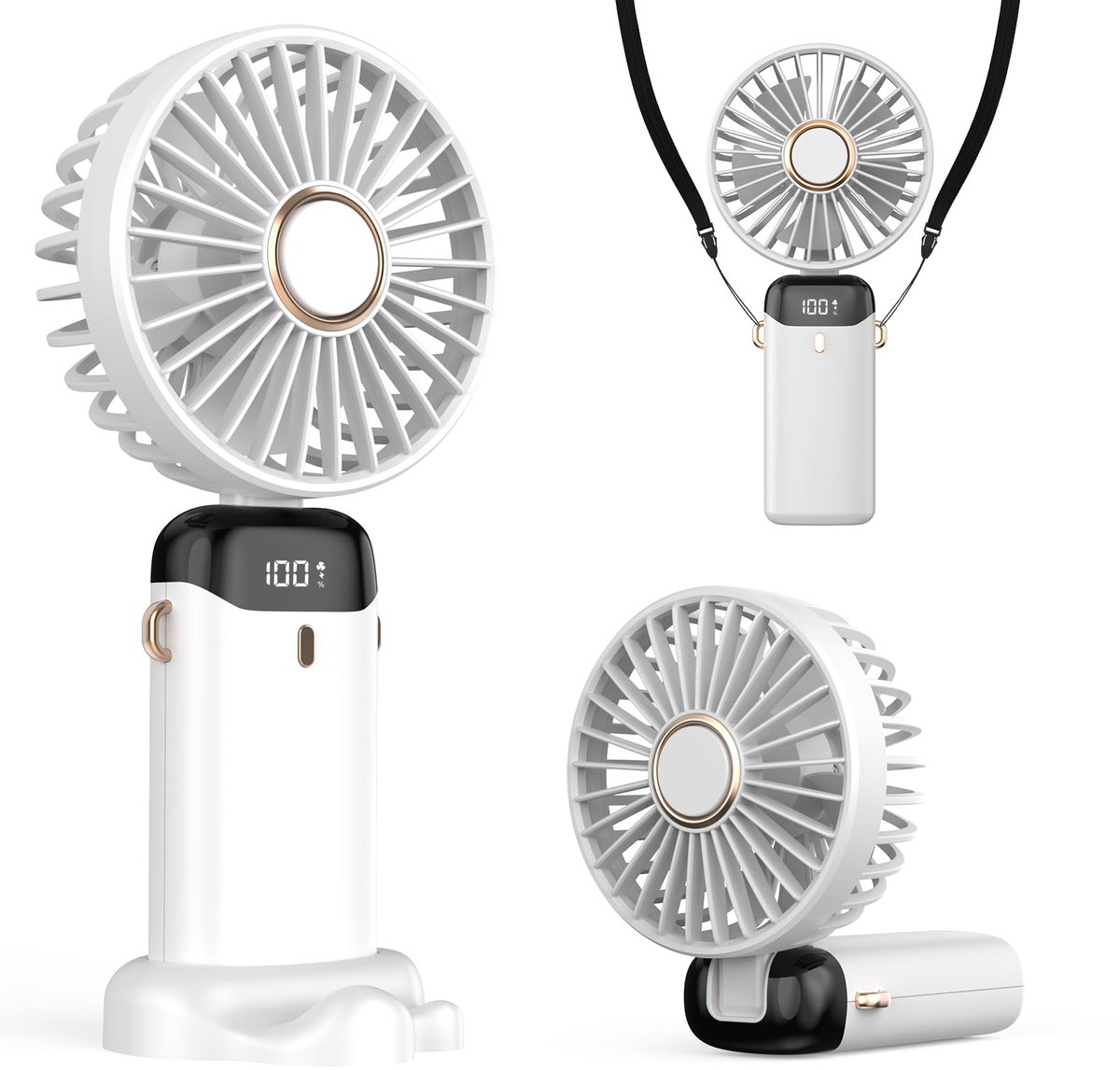 Draagbare USB Ventilator - 4200 mAh - 3-in-1 Hand-, Nek- & Bureauventilator - Opvouwbaar - 90掳 Verstelbaar - LED Display - Wit - Voor Thuis, Kantoor & Reizen