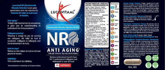 Lucovitaal NR Anti Aging Supplement: Doosje, potje met 30 capsules, en informatie op de achterkant. Ook een capsule is te zien.
