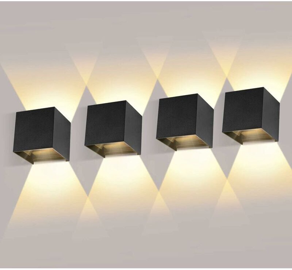 Set van 4 wandlampen binnen en buiten, 12W, verstelbare stralingshoek, 3000K warmwitte LED-wandlampen, IP65 waterdicht, zwart, geschikt voor woonkamers/slaapkamers.