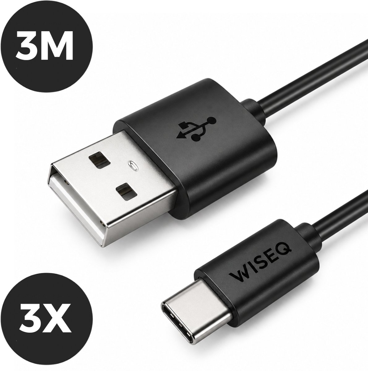 3x USB naar USB C oplaadkabel 3 meter - 3 stuks - USB C naar USB A snellaadkabel - geschikt voor Samsung Galaxy, Huawei en Apple iPhone - zwart - WiseQ