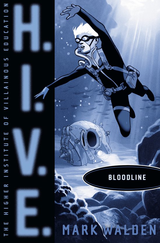 Het boek 'Bloodline' van Mark Walden. Een duiker met bril en zuurstoftank zwemt naar de camera naast een duikhelm.