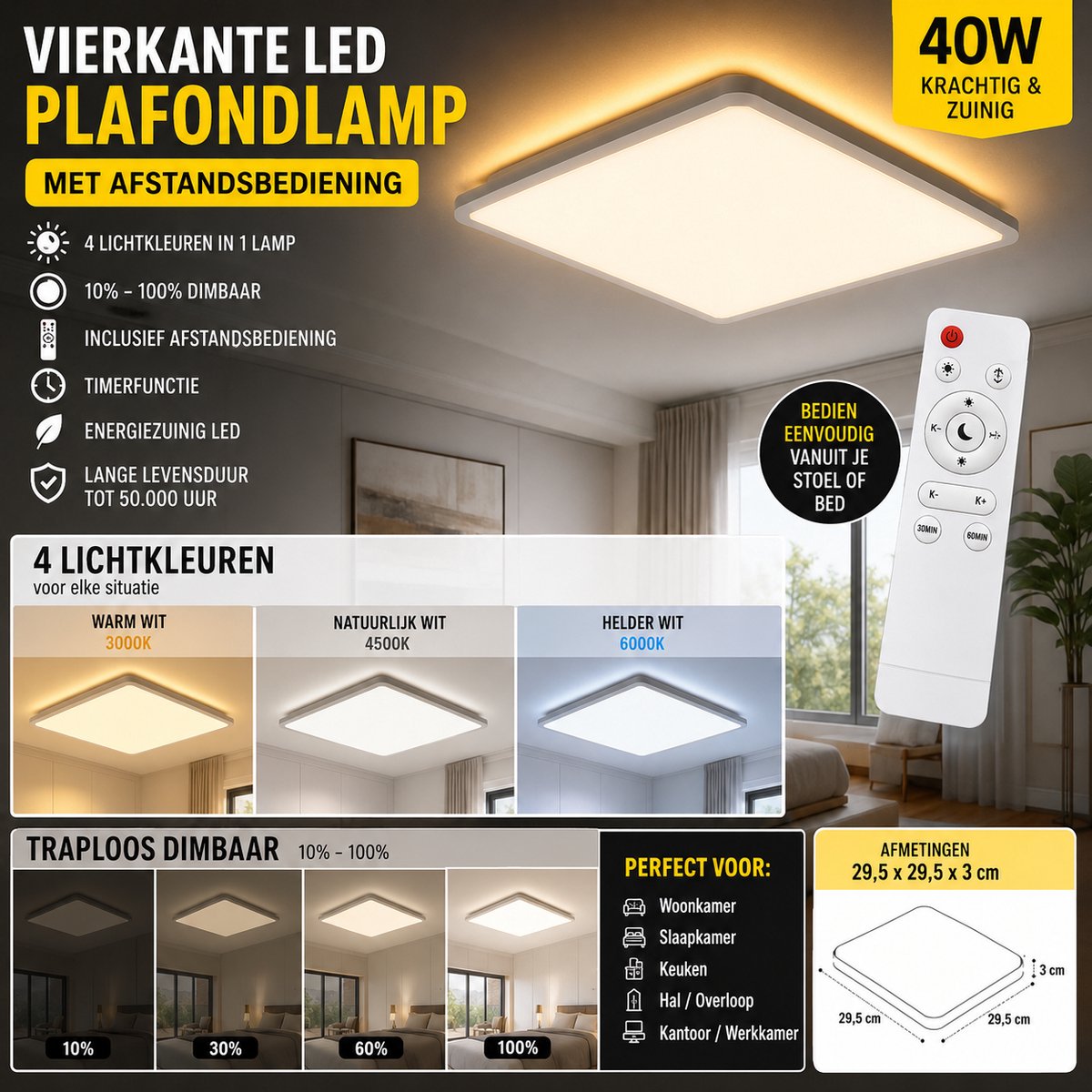 Vierkante LED Plafondlamp 40W met Afstandsbediening – Dimbaar – 3000K/4500K/6000K + Gouden Sfeerverlichting – 29,5 x 29,5 cm – Voor Woonkamer, Slaapkamer, Keuken & Hal