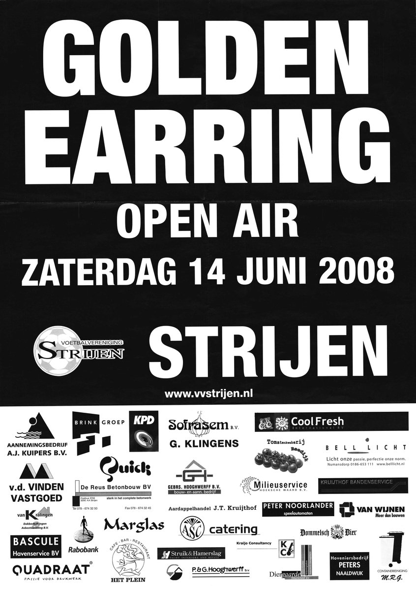Poster in koker van de Golden Earring. Aankondiging concert van de Golden Earring op zaterdag 14-06-2008 in Strijen tijdens het legendarische open air festival.