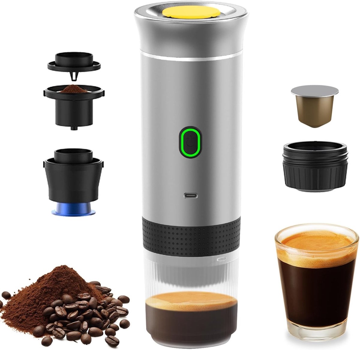 Draagbare Koffiemachine - Zwart/Groen/Zilver/Wit/Grijs - Draadloos en Compact - Geschikt voor Capsule en Grondkoffie - Voor Auto en Thuis