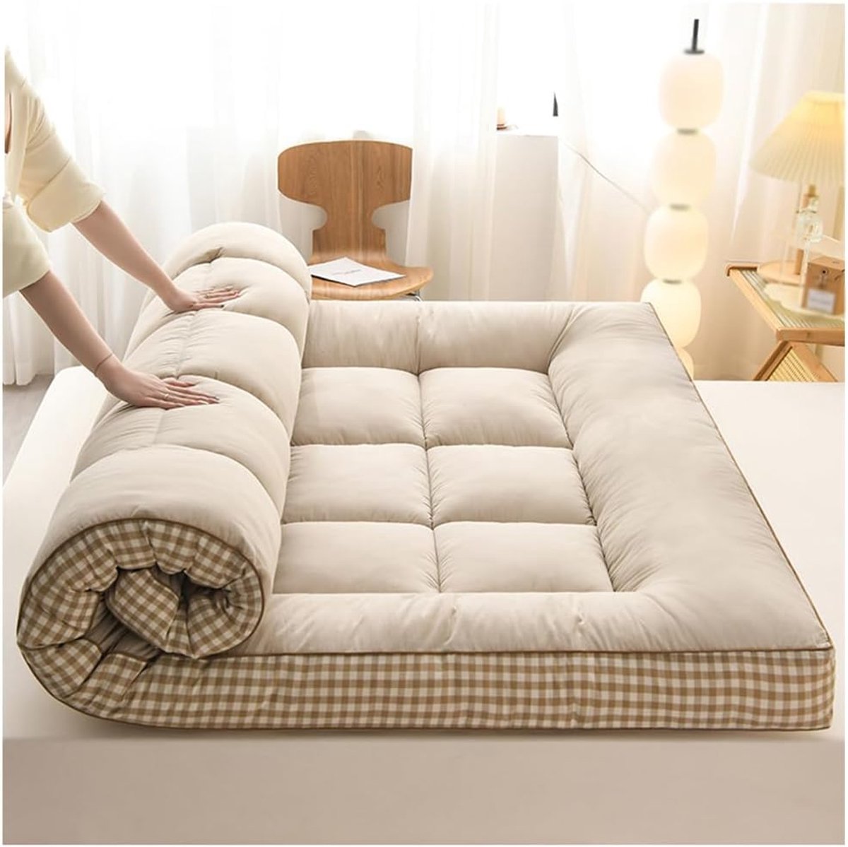 Vloermatras Futon - Japanse Slaapmat - Comfortabel Slapen - Extra Dik Opvouwbaar - 120x200cm - Beige