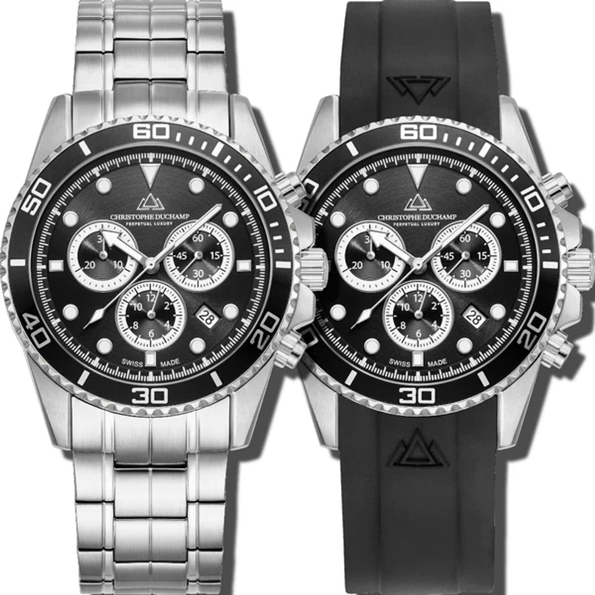Christophe Duchamp Marine Chrono II (heren) – Zwarte Wijzerplaat met Zilverkleurige Kast en Zilverkleurige Stalen Band
