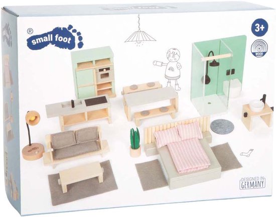 Doos van de Small Foot Poppenhuis Meubelset Scandinavische Stijl met afbeeldingen van de inrichting.
