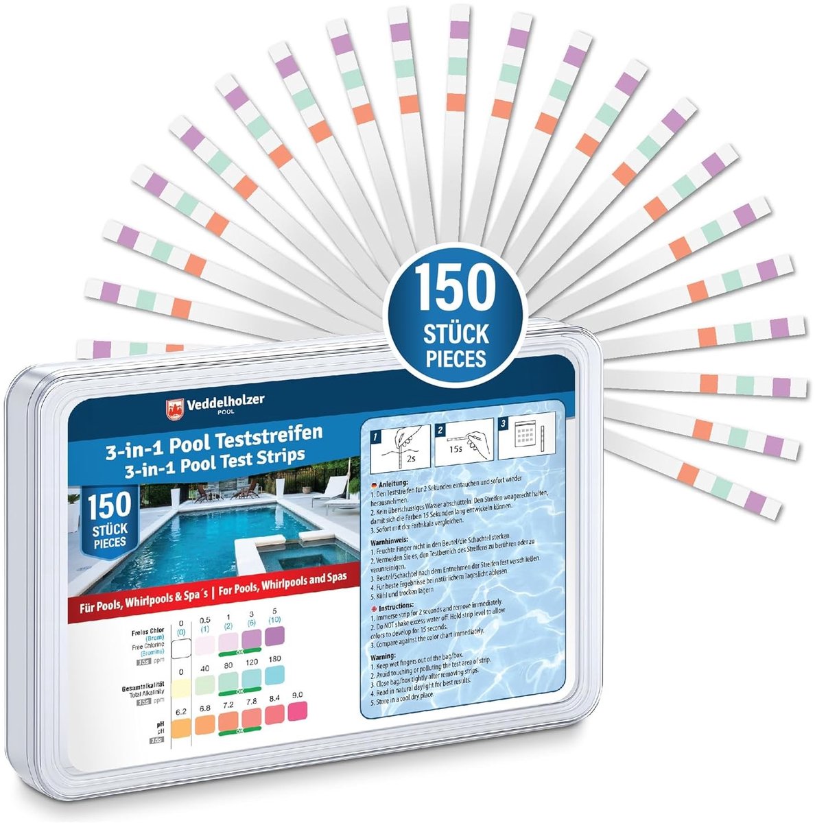 Zwembadteststrips - 150 Stuks - Meet pH, Vrij Chloor en Alkaliniteit - Snelle Wateranalyse - Voor Zwembaden en Spa's