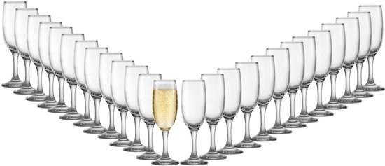 Une rangée de 24 flûtes à champagne en forme de V, avec une seule flûte remplie de champagne.
