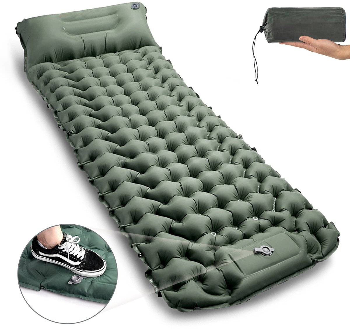 CALIYO Camping Slaapmat zelfopblazend - 195x65x10 cm - met Ingebouwde Voetpomp - Waterafstotend en Compact - Opblaasbare Campingmat met Kussen - voor Kamperen, Backpacken en Festivals