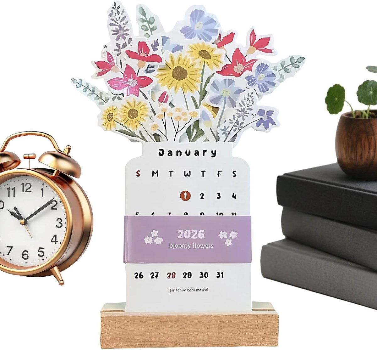 Bureaukalender 2026 - Maandkalender Tafelkalender - Dagelijkse Planning - Met Houten Standaard - 22 x 10 cm - Bloemenprint