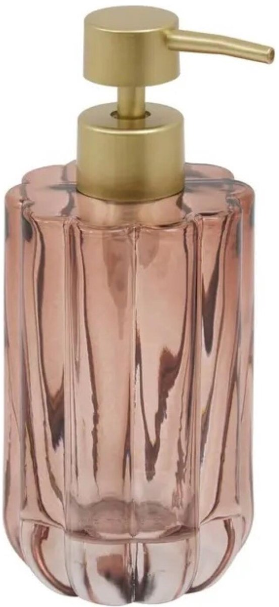 5five Zeeppompje / zeepdispenser Florea - roze transparant - 300 ml - Luxe stijl bewerkt glas - badkamer - keuken - toilet