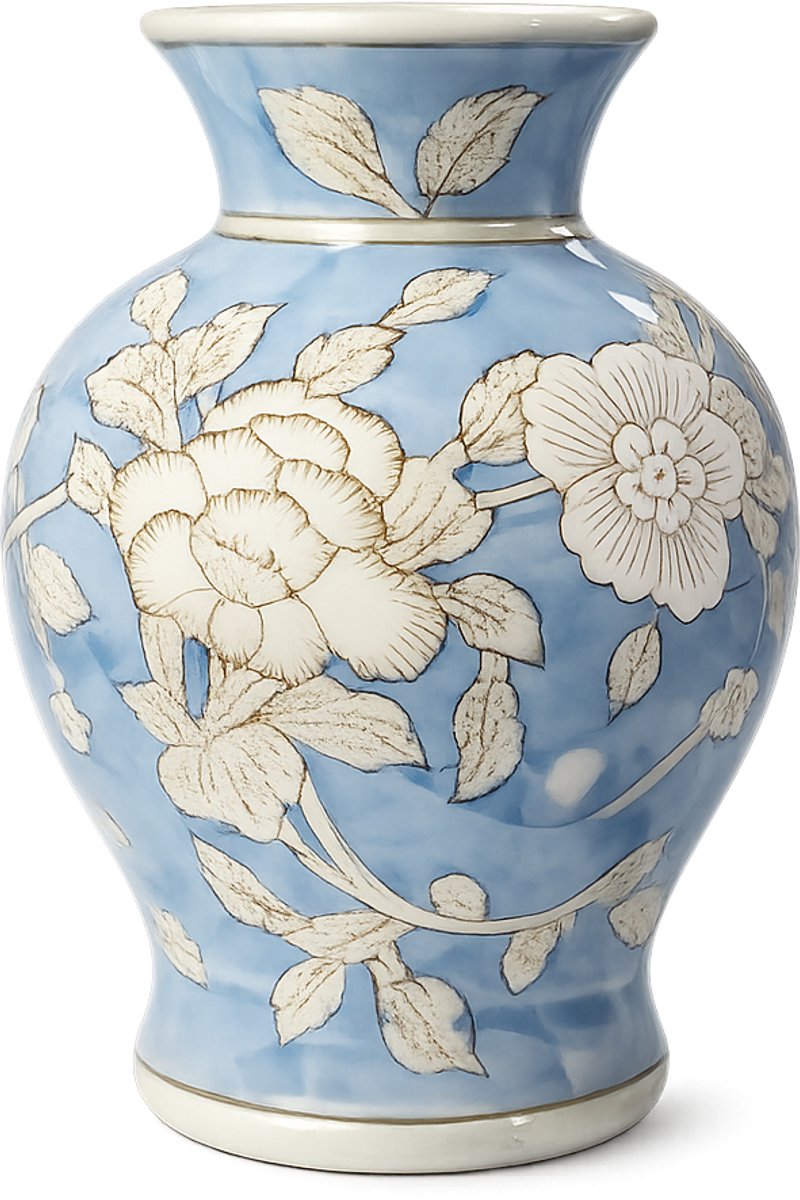 Klassieke Porseleinen Vaas - Blauw met Wit Bloemmotief - Chinoiserie / Delfts Blauw Stijl - Luxe Bloemenvaas Vintage