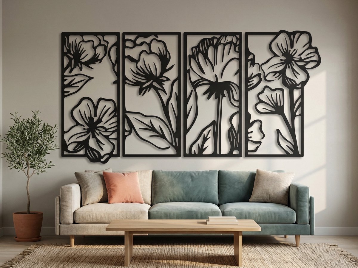 Wanddecoratie Bloemen, Houten Wandbeeld, 3D Wanddecoratie voor Thuis, Moderne Beelden voor Huis Kantoor Slaapkamer, Woonkamer en Keuken - 103x55 cm