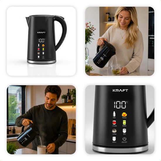 Collage van een zwarte KRAFT waterkoker met LED-display en mensen die water inschenken.
