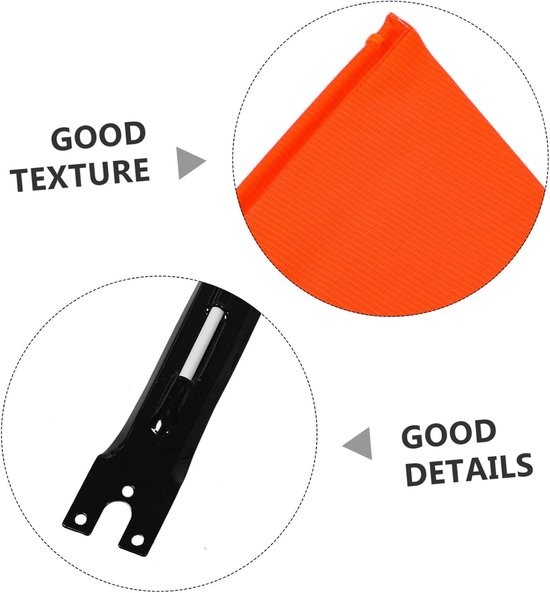 Detailopnames tonen de textuur van de oranje vlag en de constructie van de zwarte metalen bevestigingsbeugel.