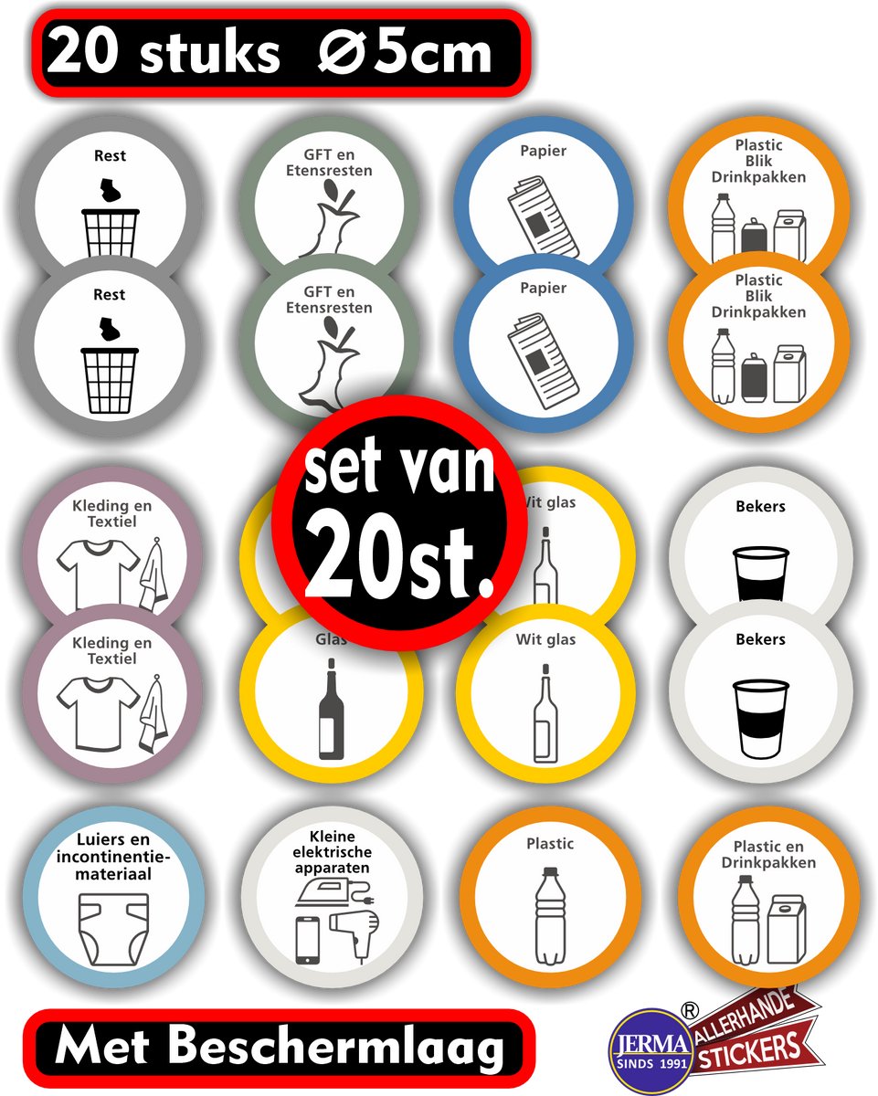 Jerma - Recycling - Stickers - 20 st - Ø 5 cm - Afval scheiden - Weerbestendig - Vinyl - Zelfklevend