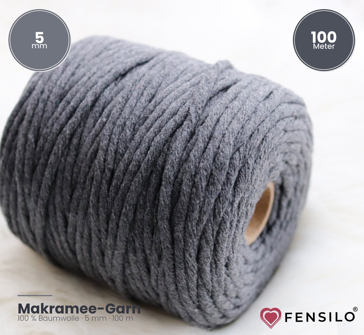 FENSILO Macramé Touw 5mm-100M -Katoen Koord - GRAPHITE - Katoen Garen – Hobby DIY & Creatief Handwerk – Voor Wandkleed, Plantenhanger & Sieraden – Voor Volwassenen & Kinderen Knutselen Set