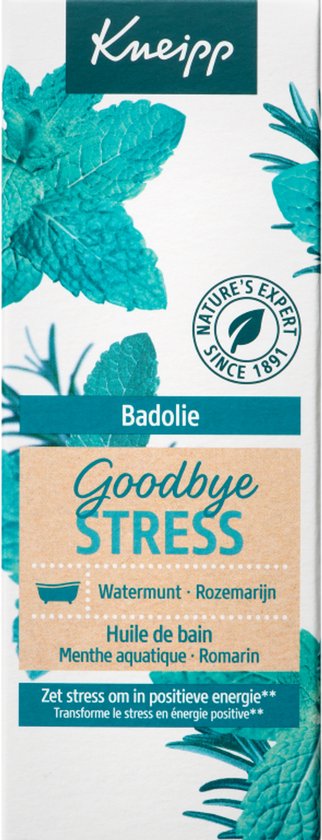 Doosje blauwe badolie 'Goodbye Stress' met watermunt en rozemarijn.