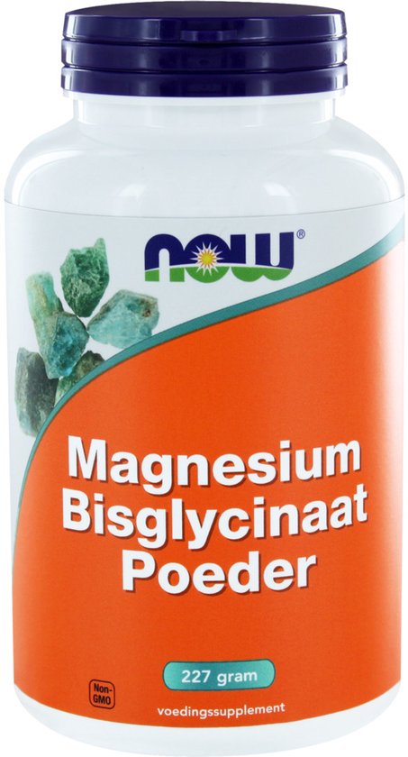 Pot magnesium bisglycinaat poeder van NOW, 227 gram. Oranje en witte pot met blauwe dop. Met groene mineralen afbeelding.