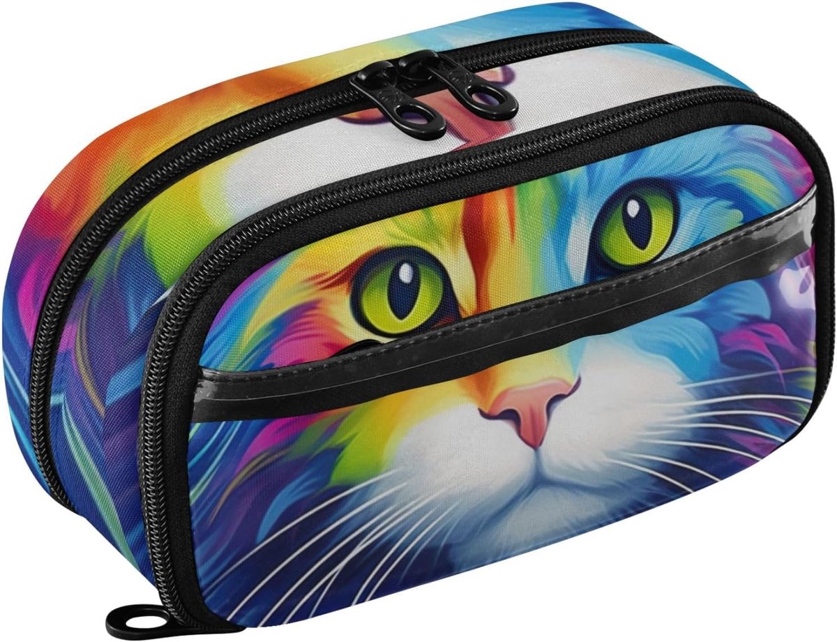 Neonetui Kat - Pennenzak PVC - Briefpapier Organiseren - Doorzichtig Ontwerp - 2 Liter Capaciteit - Neon Kat