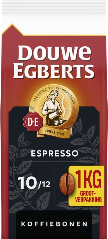 Rode zak Douwe Egberts Espresso koffiebonen 1kg, met 'Douwe Egberts Meester Koffiebranders' logo en een afbeelding van koffiebonen.
