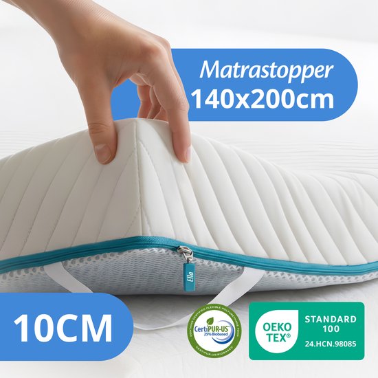 Ella Ergo Topper 140x200 cm - Surmatelas de 10 cm d'épaisseur - Surmatelas en mousse à mémoire de forme infusée de gel et mousse Aircell - Dureté moyenne