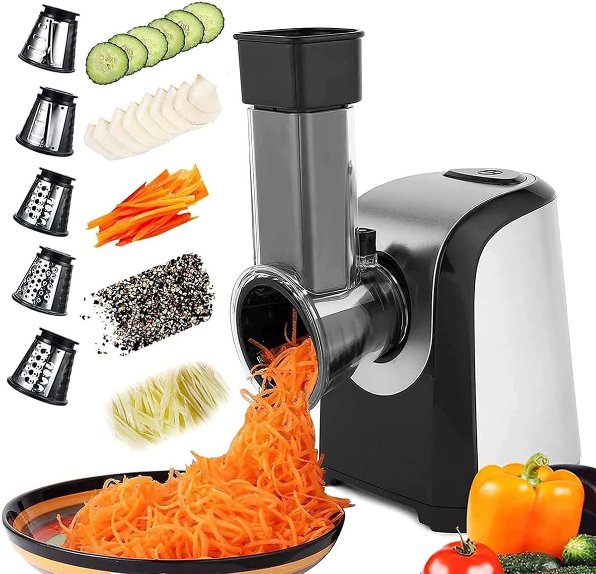 Elektrische Groentesnijder - Keukenmachine Raspen - Snel Ingrediënten Bereiden - Vijf Snijkoppen - 150 Watt - Zilver Zwart
