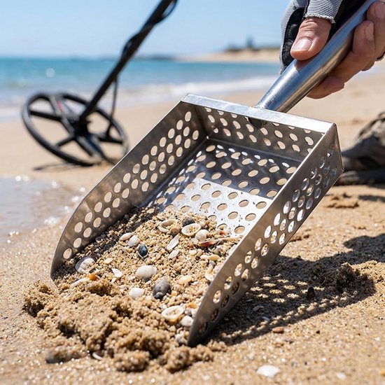 1 stuk - Roestvrijstalen strandhark - met handvat voor het zeven van zand en grind - strandhark - zand- en grindfilter - 15,5*12*13 cm - voor het zoeken naar schatten op het strand en het verzamelen van stenen - zilver — afbeelding 5