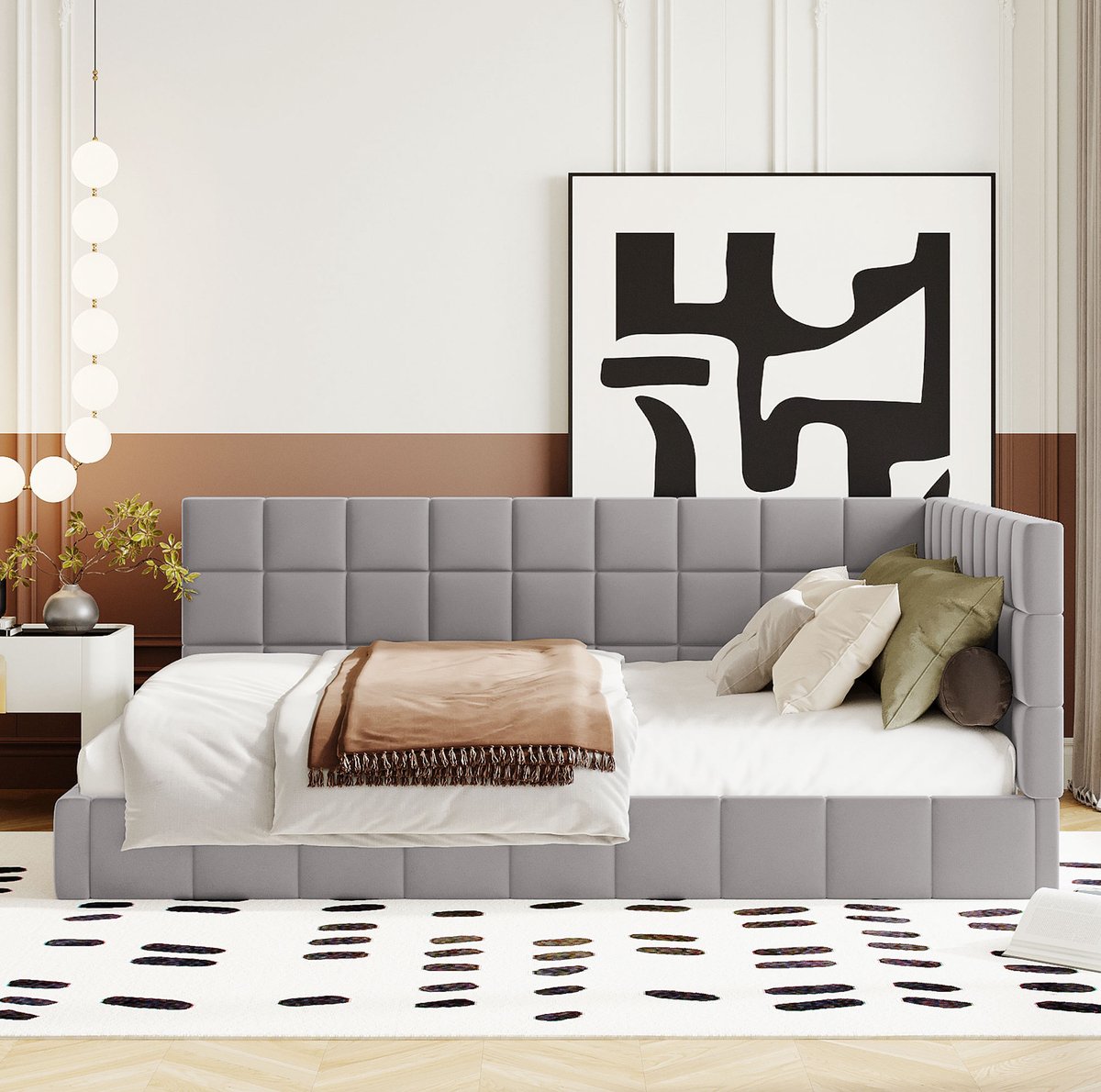MEUNIQ slaapbank 140x200 cm met lattenbodem, gestoffeerd daybed met rugleuning en armleuning, zonder matras, 206x147x62,5 cm, grijs