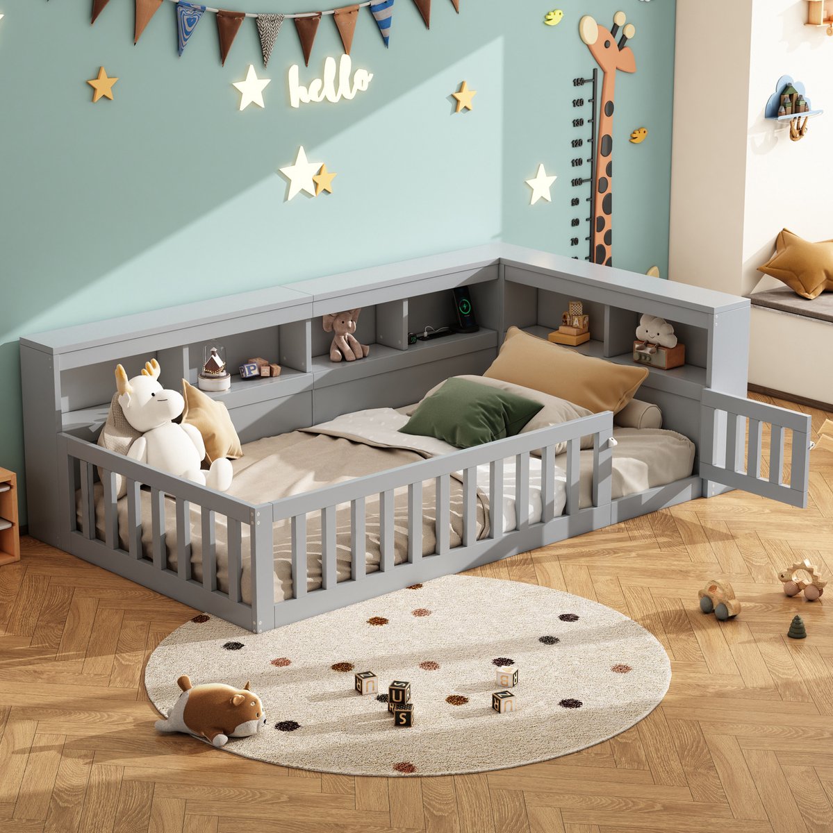 MEUNIQ Bedbank 90x200 cm met lattenbodem, opbergvak, uitvalbeveiliging, stopcontact en USB, zonder matras, eenpersoons daybed voor slaapkamer, grijs