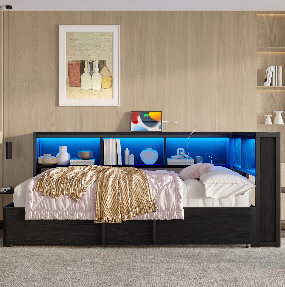 MEUNIQ bedbank 90 x 200 cm met uitschuifbed, 5 opbergkasten, LED-hoofdbord, 2 USB-poorten en 2 stopcontacten, metaal en MDF, zwart