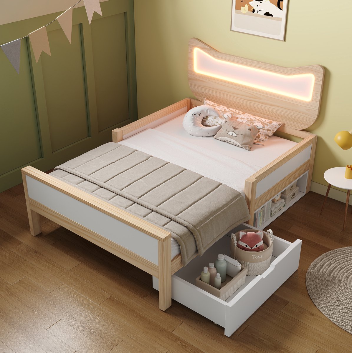 MEUNIQ kinderbed 90x190 cm met kattenoortjes hoofdbord, RGB LED, lattenbodem, lade en opbergvak links/rechts monteerbaar, uitvalbeveiliging, wit eiken