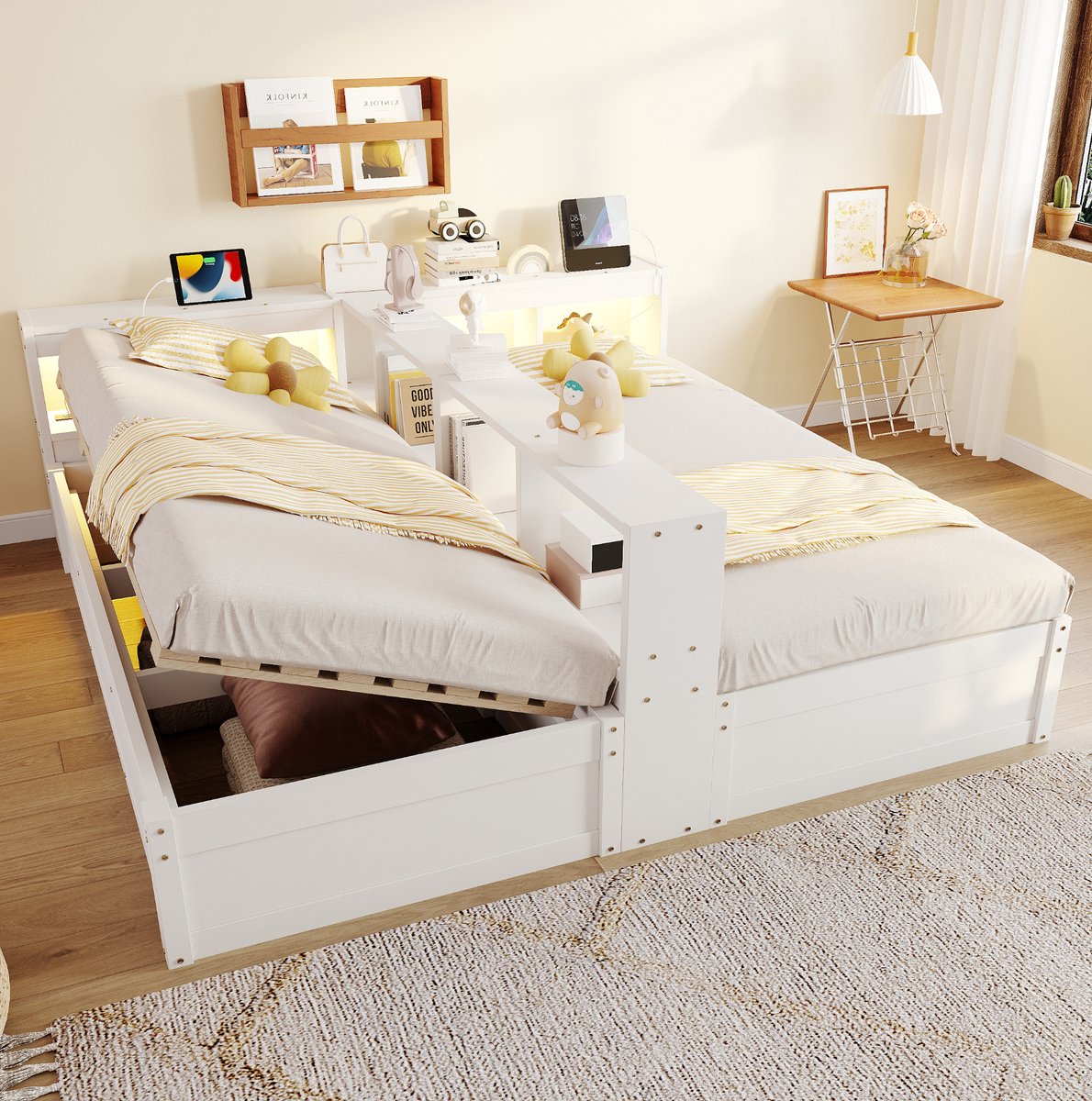 MEUNIQ multifunctioneel bed 90/180x200 cm met opbergruimte, LED-lichtstroken, geïntegreerde stopcontacten en hydraulische bedbodem, wit slaapkamerbed