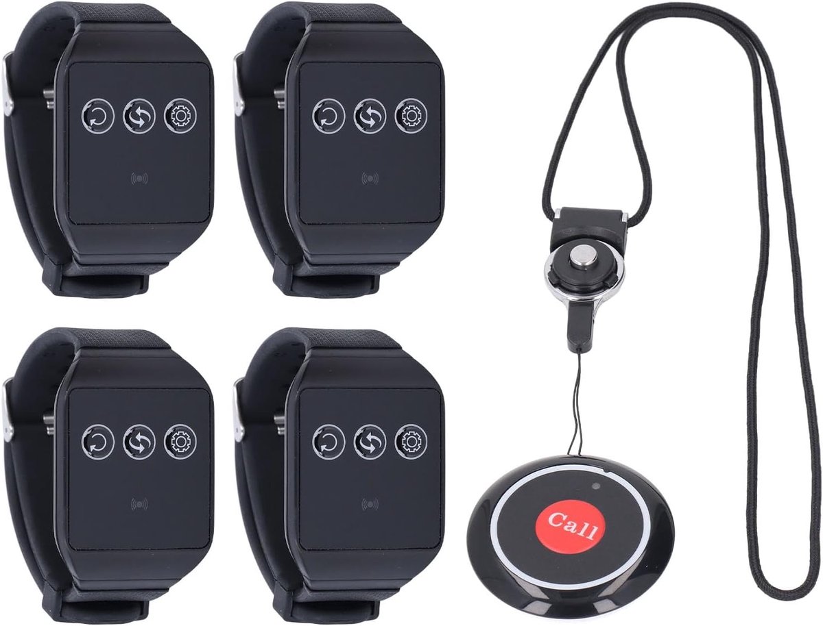 Draadloos Zorgoproepsysteem - Noodknop Alarm - Veilige Hulp - 4 Horloge Ontvangers - 100 Meter Bereik - Zwart
