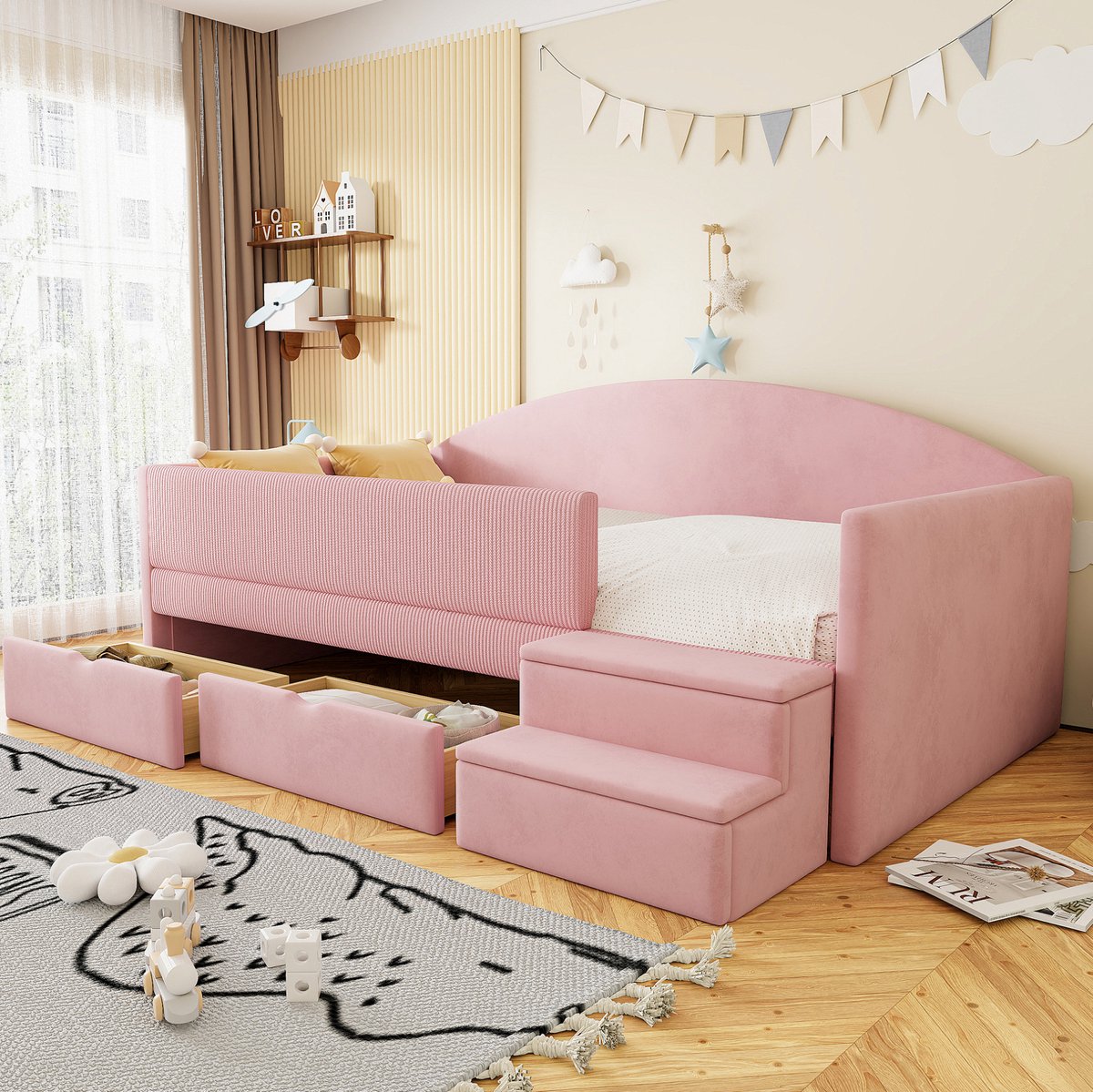MEUNIQ gestoffeerd kinderbed 90 x 190 cm met 2 lades, trap en uitvalbeveiliging, roze sofabed met lattenbodem voor kinderkamer, zonder matras