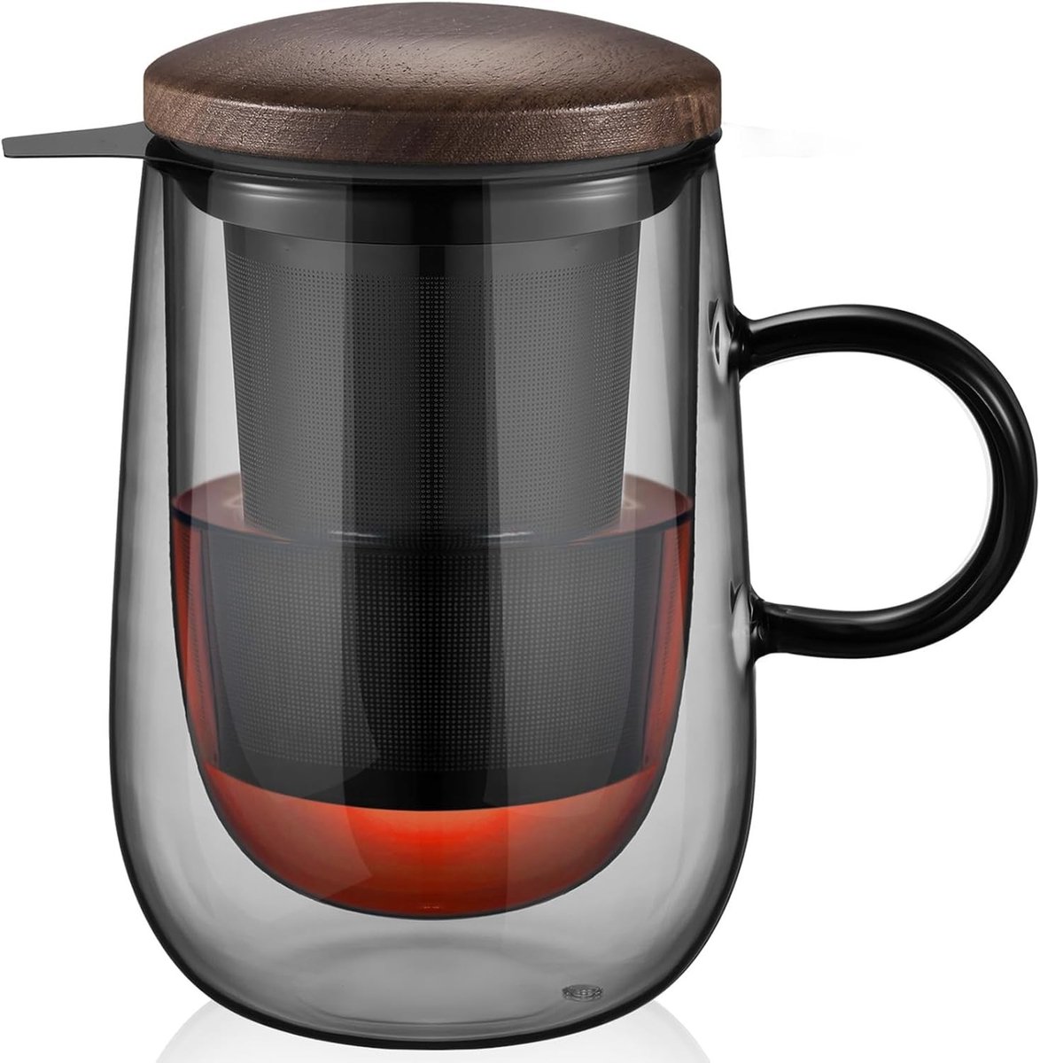 Dubbelwandige Theekop - Zwart Borosilicaatglas - Met Metalen Zeef - Handvat - Voor Thee en Koffie