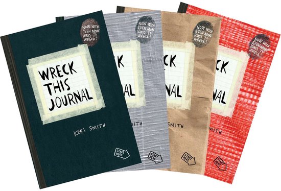 Vier Wreck This Journal edities in rood, bruin, grijs en donkergroen, met 'Wreck This Journal' en 'Keri Smith' op de kaft.