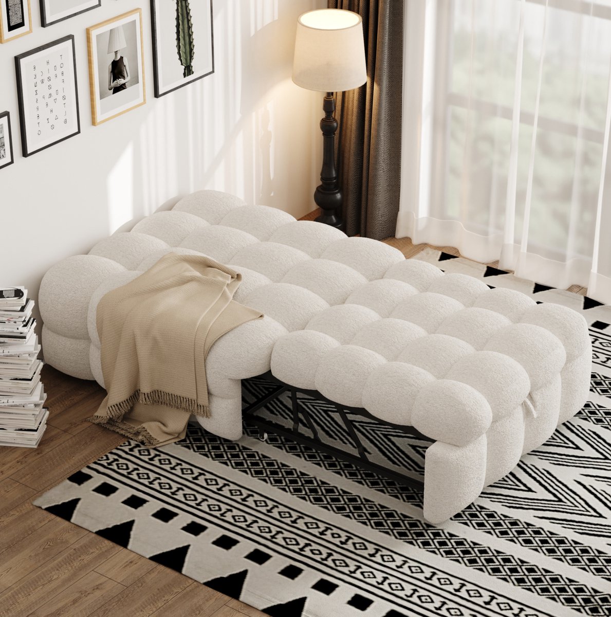 MEUNIQ slaapbank 183 x 76 x 42 cm eenpersoons 2-in-1 bedbank met teddy-stof en metalen frame voor woonkamer of slaapkamer beige