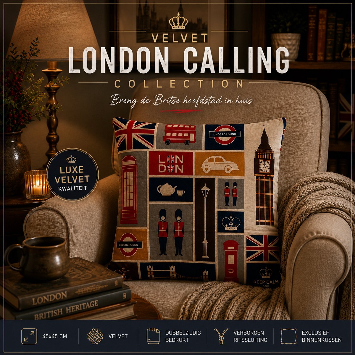 Velvet London Calling Collection Kussenhoes - 45x45 cm